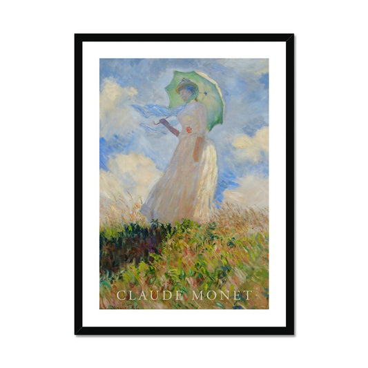 Monet - Frau mit Sonnenschirm Poster in Premium Holzrahmen - Boutique de l´Art